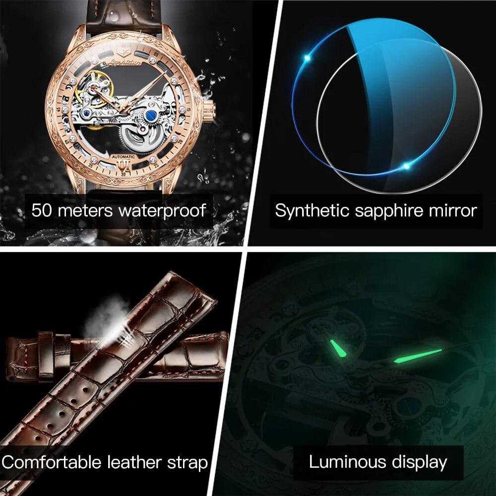 JSDUN Rose Gold Skeleton Luxury Men Automatic Watch